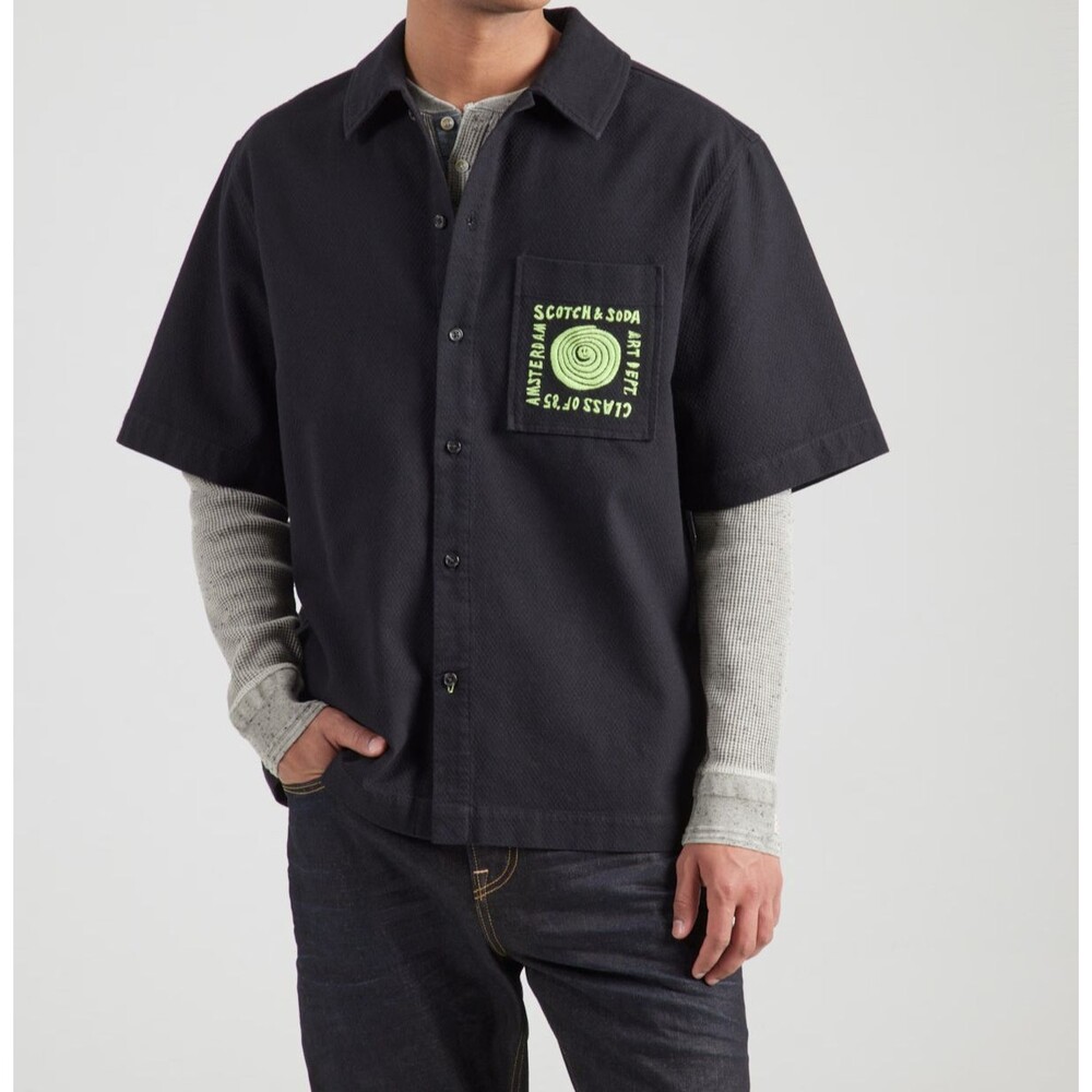SCOTCH & SODA Button Up Shirt Mens Large Black Neon Logo Pocket Relaxed Fit $138